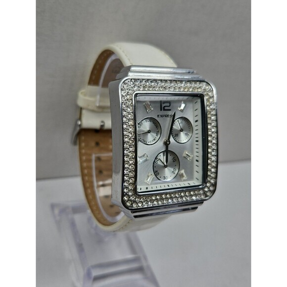Express Womens Day Date 35mm Watch Rhinestones White Leather Quartz New Battery main image 9